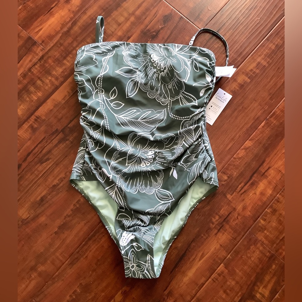 Floral Print Shirred Cutout Olive Green And White One Piece Swimsuit